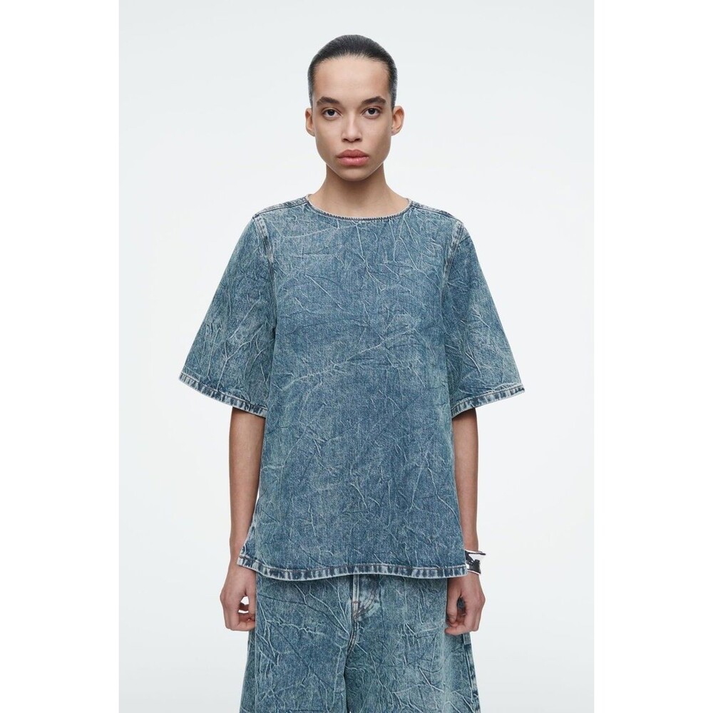 COS NWT Washed Crinkle Denim Short Sleeve T Shirt Relaxed A Line Size 34